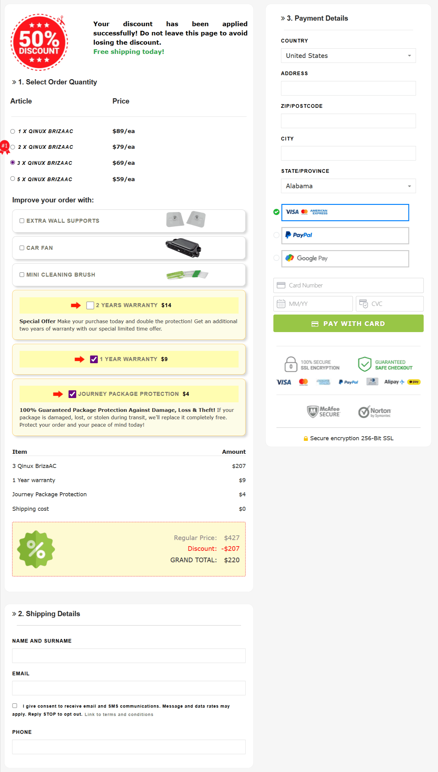 Qinux BrizaAC checkout page